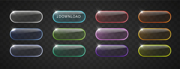 Glass glowing buttons for web design isolated on dark background. Realistic light frame border collection for web design, app, game and interface.