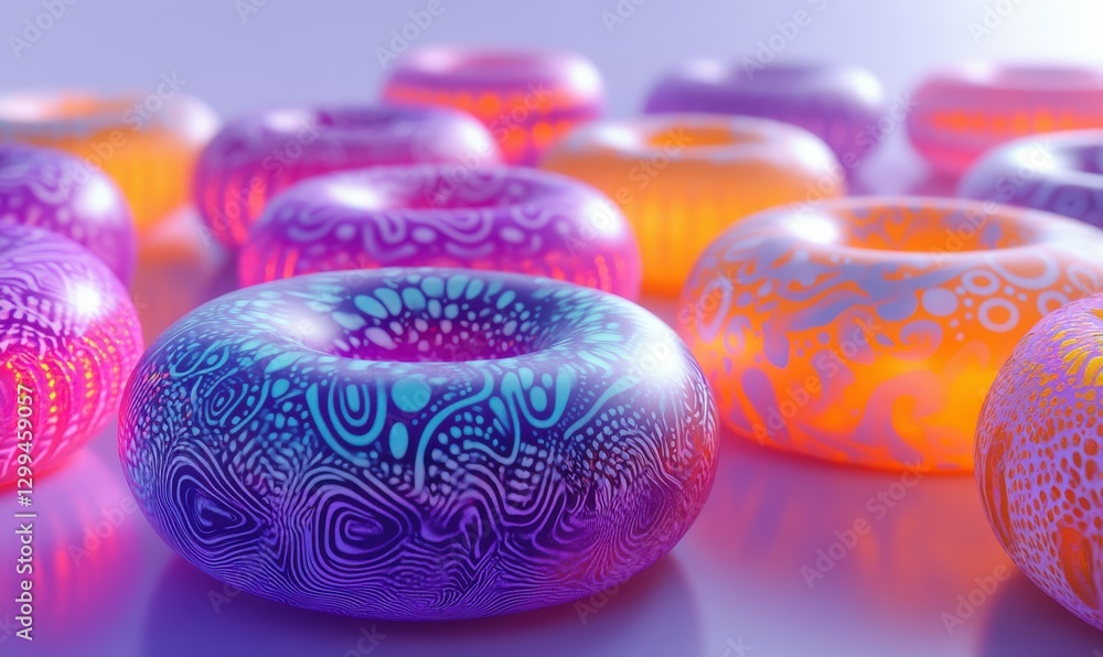 Poster bright and colorful donuts with intricate frosting designs placed on a pastel surface illuminated by