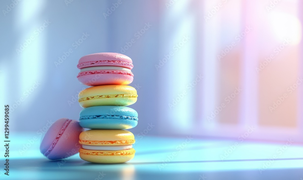 Poster bright and colorful macarons stacked neatly on a pastel blue surface illuminated by diffused natural