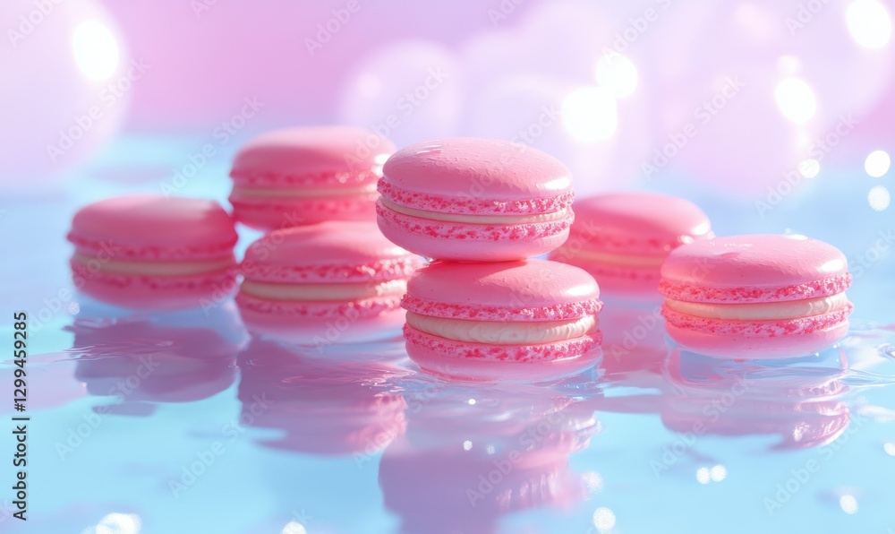 Poster bright pink macarons arranged in a playful stack on a pastel blue surface illuminated by diffused na