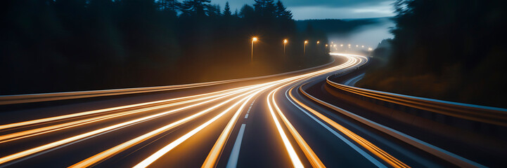 A highway with colorful light trails, symbolizing the speed and movement of digital marketing. Generative AI.