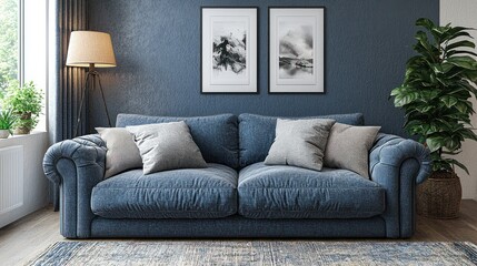 Cozy blue couch with cushions in an apartment living room for a home decor blog
