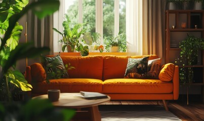 Cozy living room featuring a plush orange sofa, wooden accents, and vibrant greenery creating a lively ambiance.