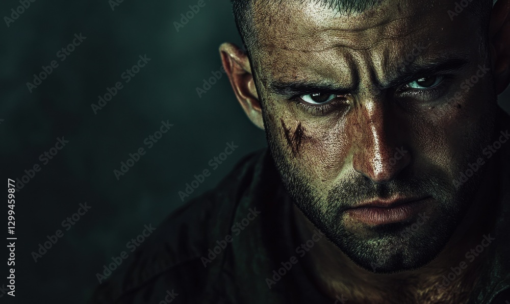 Poster intense portrait of a man with dark, piercing eyes and a rugged expression illuminated by soft natur