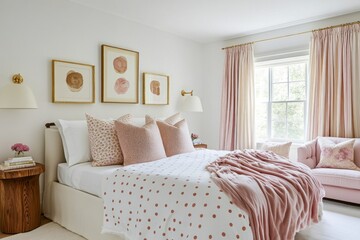 Fototapeta premium Pink bedroom with artwork and window. Interior design. Possible use Stock photo