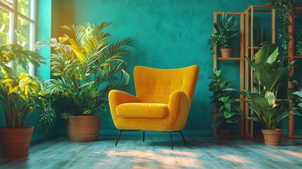 Cozy interior chair with green plants near window for peaceful home, ads, blogs
