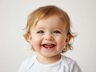 Fototapeta premium A cheerful toddler smiles widely, showcasing their bright eyes and innocence, illuminated by soft natural light against a simple neutral background