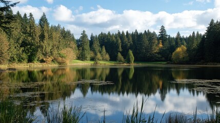 Fototapeta premium Serene lake surrounded by lush trees and reflections on a clear day in a forested area