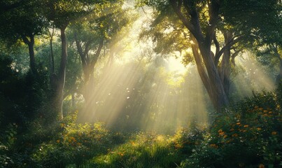 Magical forest scene with sunlight streaming through tall trees, creating golden rays and highlighting the lush green surroundings