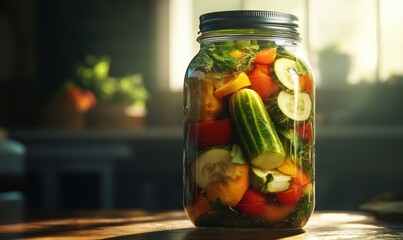 Mason jar filled with pickled vegetables, illuminated by natural light to highlight the vibrant colors and fresh textures of the produce