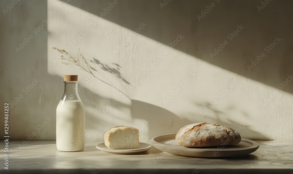 Poster minimalist breakfast setup with a bottle of milk, rustic bread, and a simple plate, soft natural lig