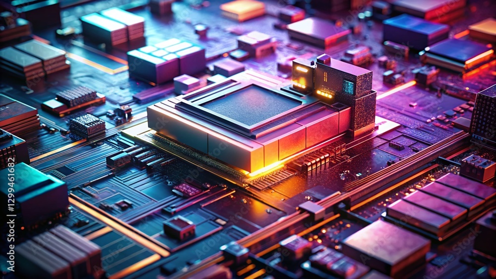 Poster close-up of electronic circuit board with processor - high-detail tech image