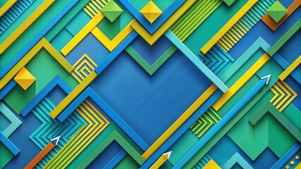 A set of colourful arrows arranged in a geometric pattern on a bright blue background with yellow and green accents, surrounded by subtle shapes and lines , yellow, green