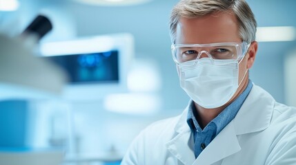 Photograph of a professional dentist in a modern dental clinic, wearing a clean white coat, protective gloves, a face mask, and safety glasses.
