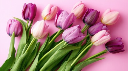 Obraz premium A bunch of tulips in shades of pink and purple, beautifully arranged on a pink backdrop, symbolizing elegance and charm.