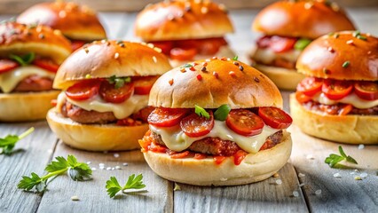 Close-up of Mini Pepperoni Pizza Sandwiches with Spicy Sausage Sauce and Cheese on White Table