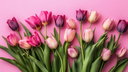 Fototapeta premium A bunch of tulips in shades of pink and purple, beautifully arranged on a pink backdrop, symbolizing elegance and charm.