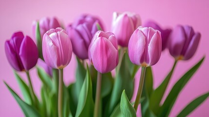 Fototapeta premium A bunch of tulips in shades of pink and purple, beautifully arranged on a pink backdrop, symbolizing elegance and charm.