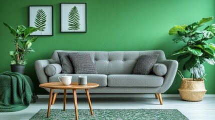 Cozy living room with green wall and plants for home decor and design use