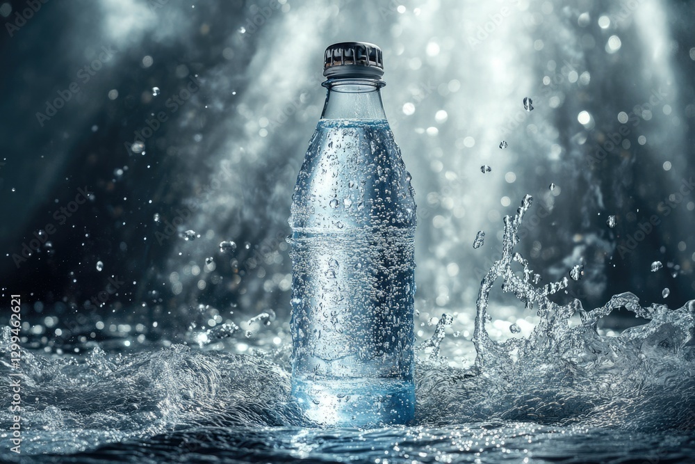 Poster a bottle of sparkling water sits amidst splashing water droplets, creating a refreshing and dynamic 