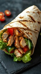 Grilled chicken wrap with fresh vegetables served on dark stone background