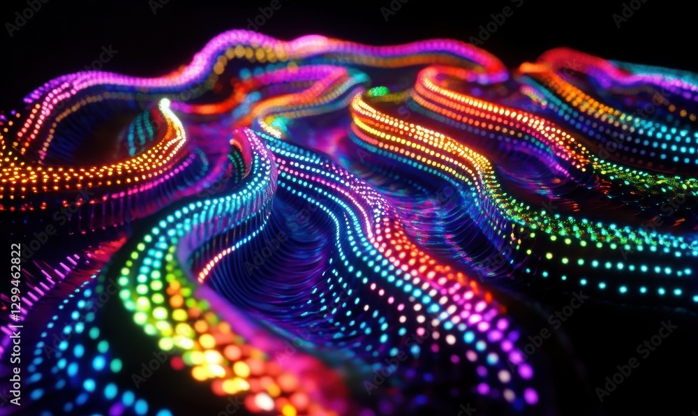 Poster artistic swirling holographic patterns in bold neon colors, softly illuminated by diffused light cre