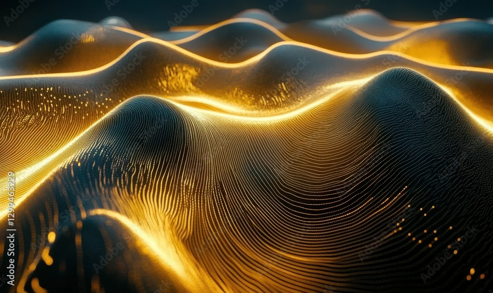 Poster bold abstract design featuring flowing golden lines forming intricate wave patterns on a dark backgr