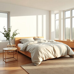 Modern luxury bedroom interior in minimal scandinavian style