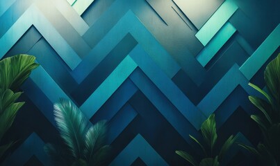 Abstract geometric pattern with green leaves, blue gradient lighting.
