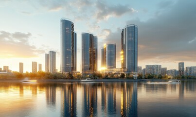 Fototapeta premium Bold architectural skyline with sleek glass buildings reflecting warm golden light from the setting sun, creating a modern urban landscape .