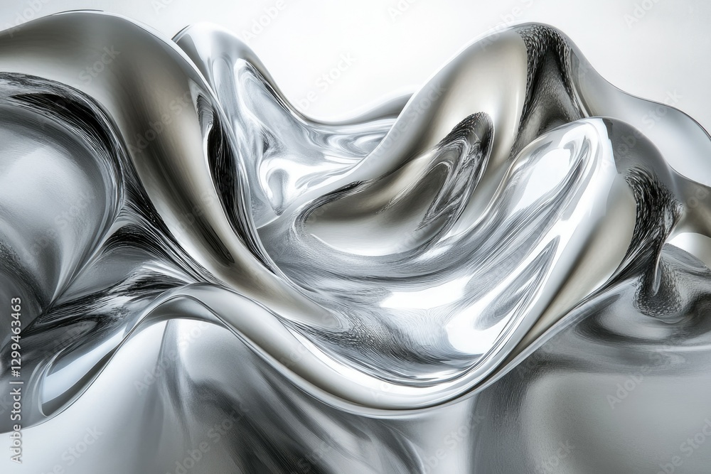 Poster abstract silver sculpture with flowing, wavy forms creating a dynamic, reflective surface.