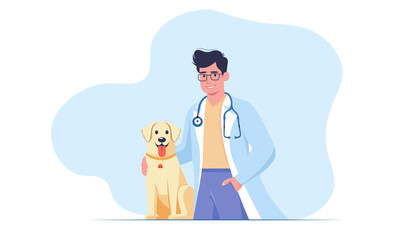 Veterinarian with dog. Doctor veterinarian with stethoscope and dog. World Veterinary Day. Isolated vector illustration in flat style for flyer, banner, landing page, blog of veterinary clinic, hospit