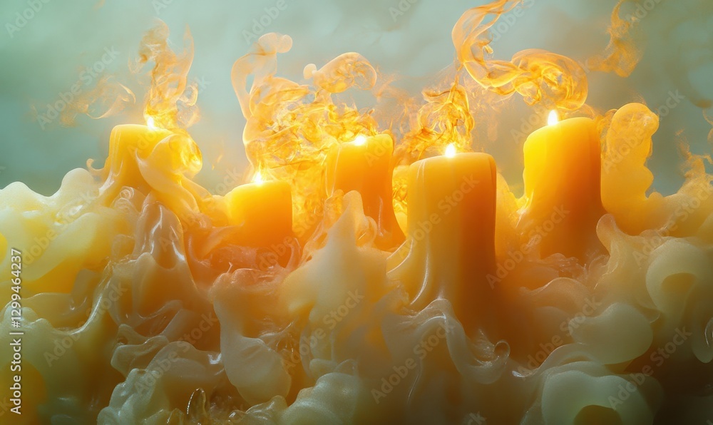 Poster dynamic cluster of yellow candles melting slowly under soft glowing light, creating a warm and intim