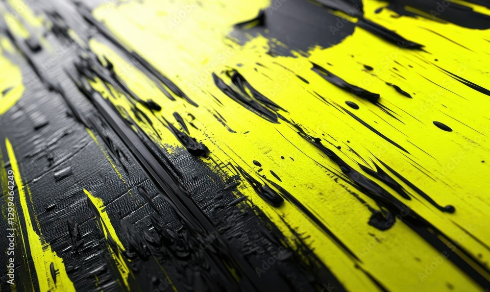 Poster dynamic diagonal streaks of neon yellow and black paint layered on a textured surface, creating a bo