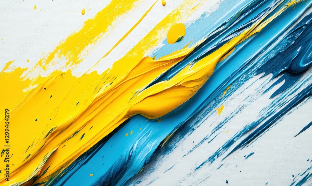 Poster dynamic flow of diagonal yellow and blue paint streaks layered on a textured white surface, creating