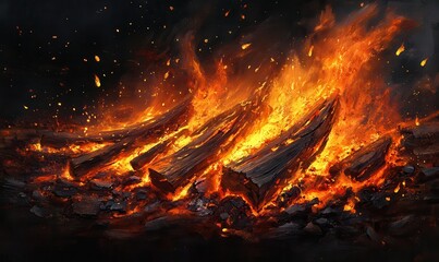 Dynamic flames consuming firewood against a dark backdrop, illuminated by glowing light, evoking energy and intensity in a bold composition