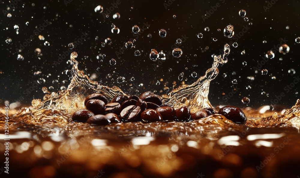 Poster dynamic macro of coffee beans splashing into water, with droplets and bubbles creating a sense of en