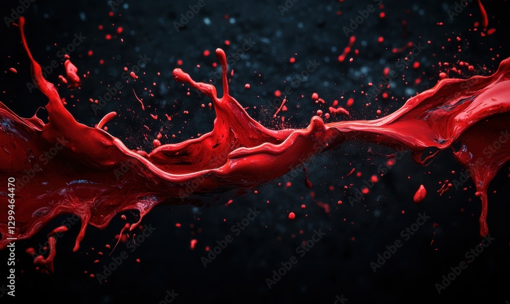 Poster dynamic red and black paint splashes frozen mid-motion, layered on a dark textured background for a 