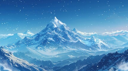 A snow-covered mountain peak under a clear winter sky, with the cold blue tones of the landscape and distant ridges.