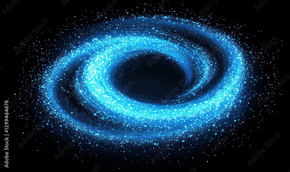 Poster dynamic swirl of glowing blue particles forming an abstract vortex against a dark background, creati
