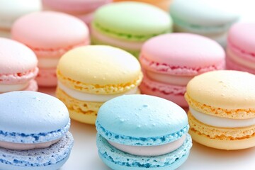 Obraz premium A delightful assortment of pastel-colored macarons, showcasing delicate textures and vibrant hues.