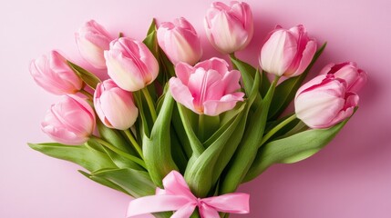 Naklejka premium A dreamy bouquet of pink tulips gently tied with a ribbon, placed on a pastel pink backdrop for a soft aesthetic.