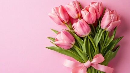 Obraz premium A dreamy bouquet of pink tulips gently tied with a ribbon, placed on a pastel pink backdrop for a soft aesthetic.