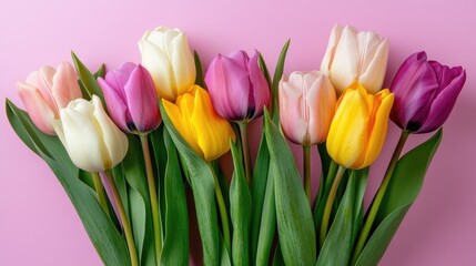 Obraz premium A dreamy floral setting with a vibrant tulip bouquet on a soft pink background, ideal for spring themes.