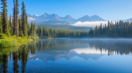 Serene mountain landscape with clear lake and lush forest reflecting under blue sky at dawn