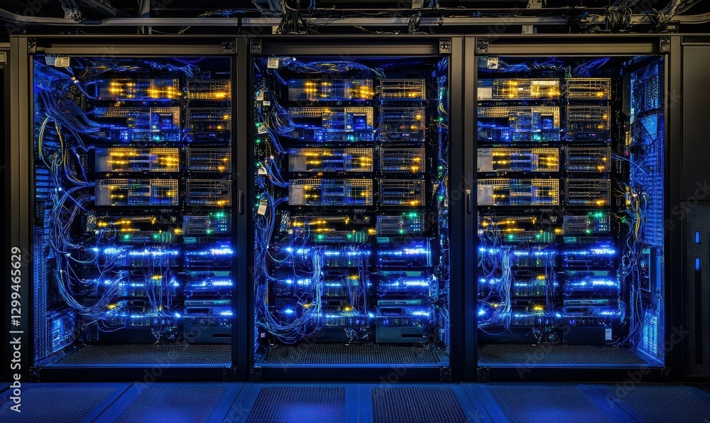 Poster high-tech server room with rows of glowing blue data servers, symbolizing advanced technology and di