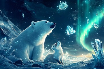 Fototapeta premium Stunning Aurora Borealis Lights and Polar Bears in Captivating Arctic Winter Landscape