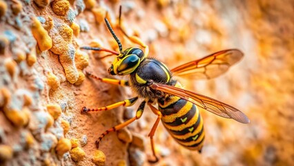 Close-Up Wasp on Textured Wall: Detailed Macro Photography