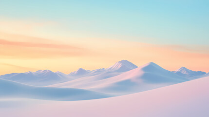Frozen serenity, snow-covered peaks ascend towards a timeless sky, illuminated by the gentle glow of dawn, creating a tranquil winter landscape. Silence - Desert. Illustration