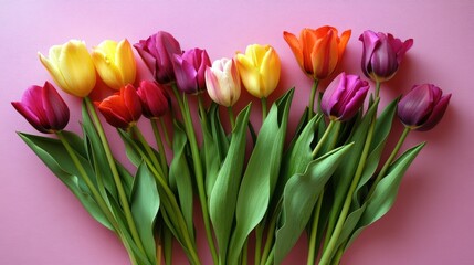 Obraz premium A fresh spring bouquet of tulips, artistically arranged on a soft pink background, symbolizing renewal.
